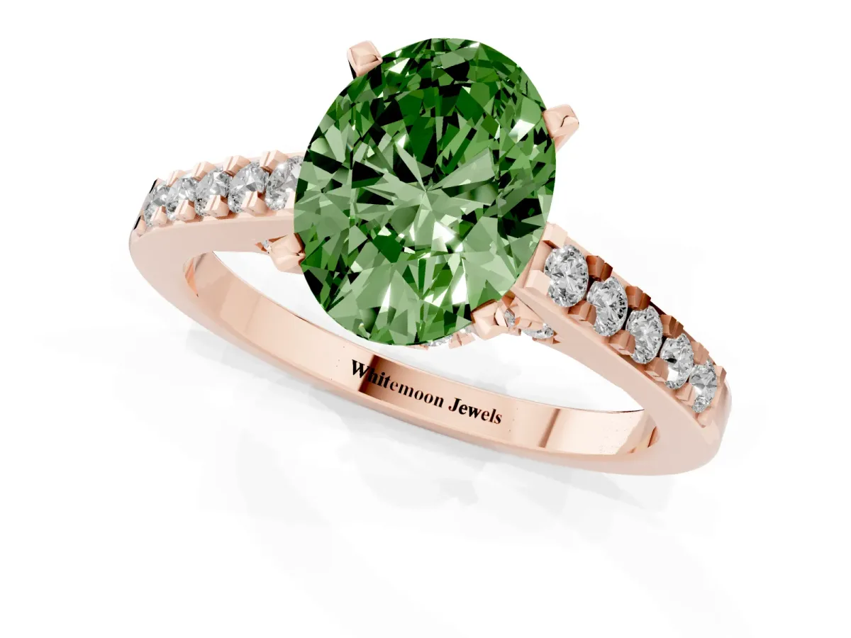 Fancy Green Oval Cut Diamond Solitaire Ring with Crossover Gallery and Round Pavé Band Rose gold