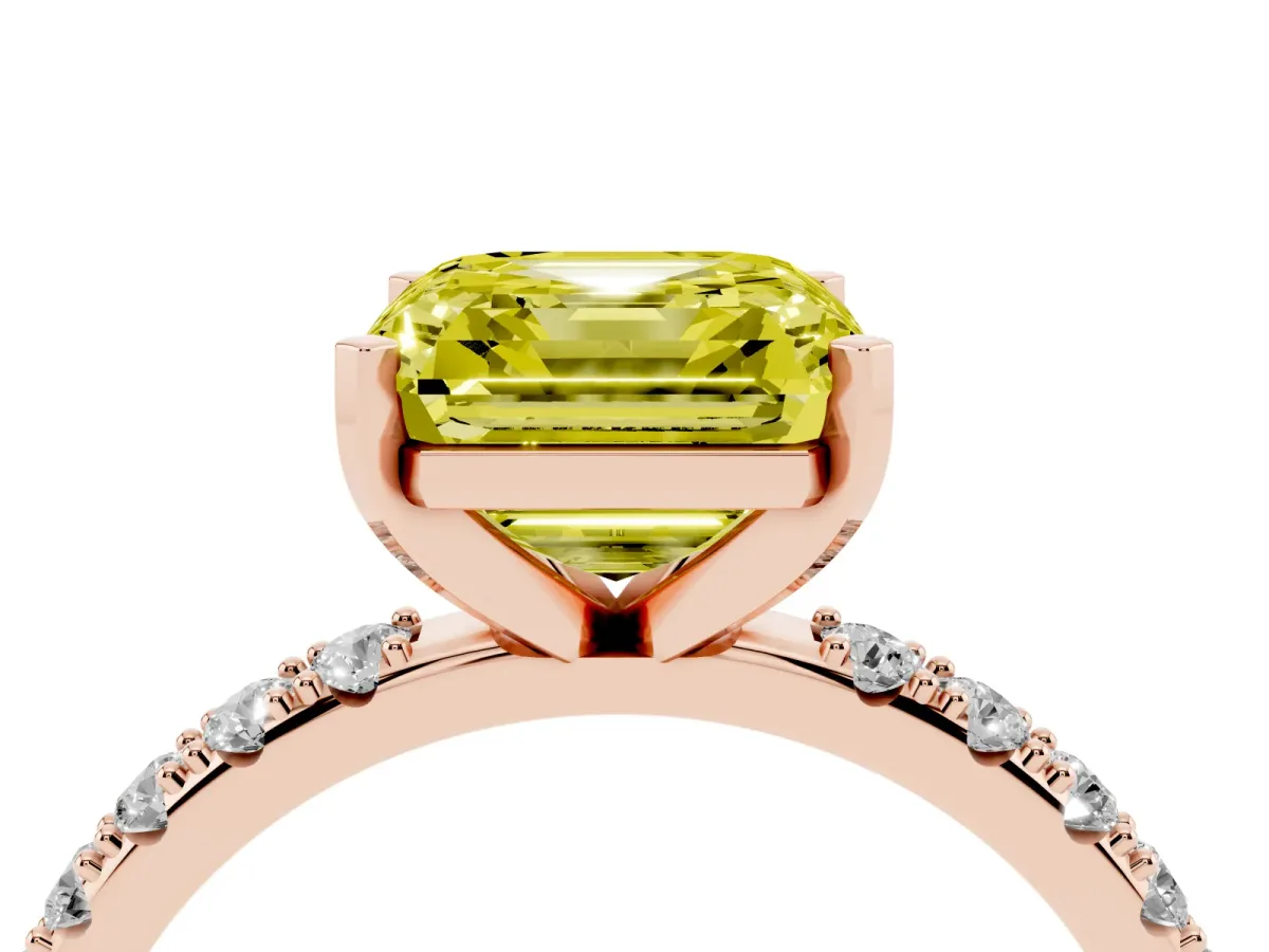 Fancy Yellow Asscher Cut Diamond Solitaire Pavé Band with Four-Prong Setting Rose gold