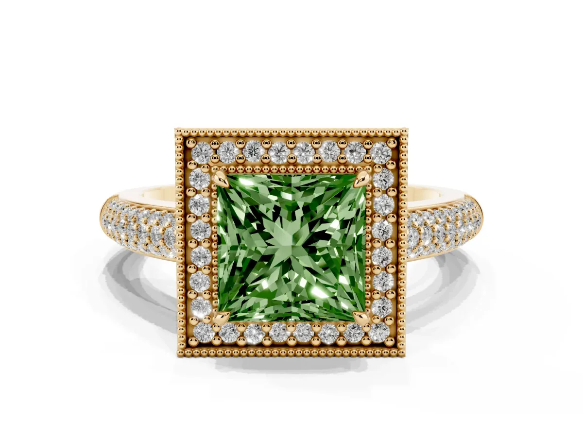 Fancy Green Princess Cut Cut Halo Diamond Pave Band with Four-Prong Setting Yellow gold