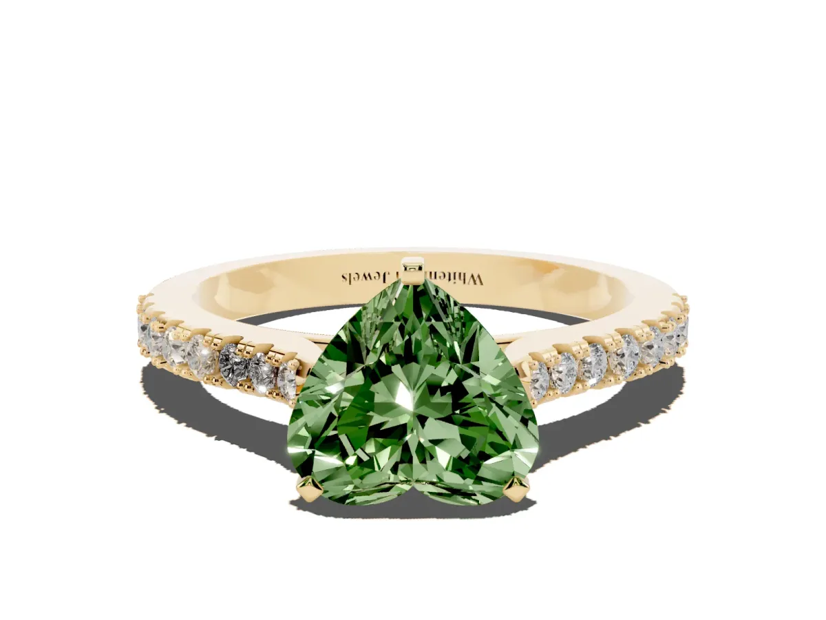 Fancy Green Heart Cut Cut Solitaire Diamond Engagement Ring with Pave Band and Four-Prong Setting Yellow gold