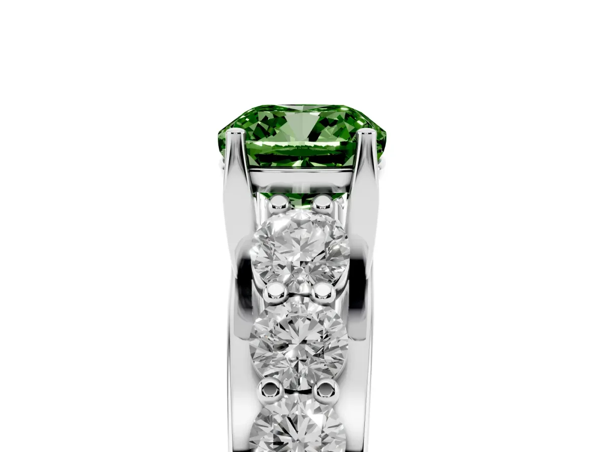Fancy Green Cushion Cut Diamond Engagement Ring with Pavé Band and Four-Prong Setting Platinum