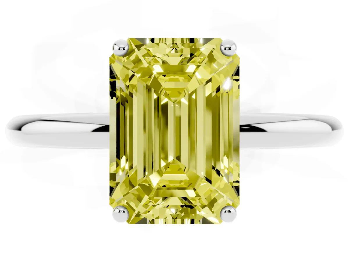 Fancy Yellow Emerald Cut Solitaire Diamond Ring with a Classic Band and Four-Prong Setting Silver