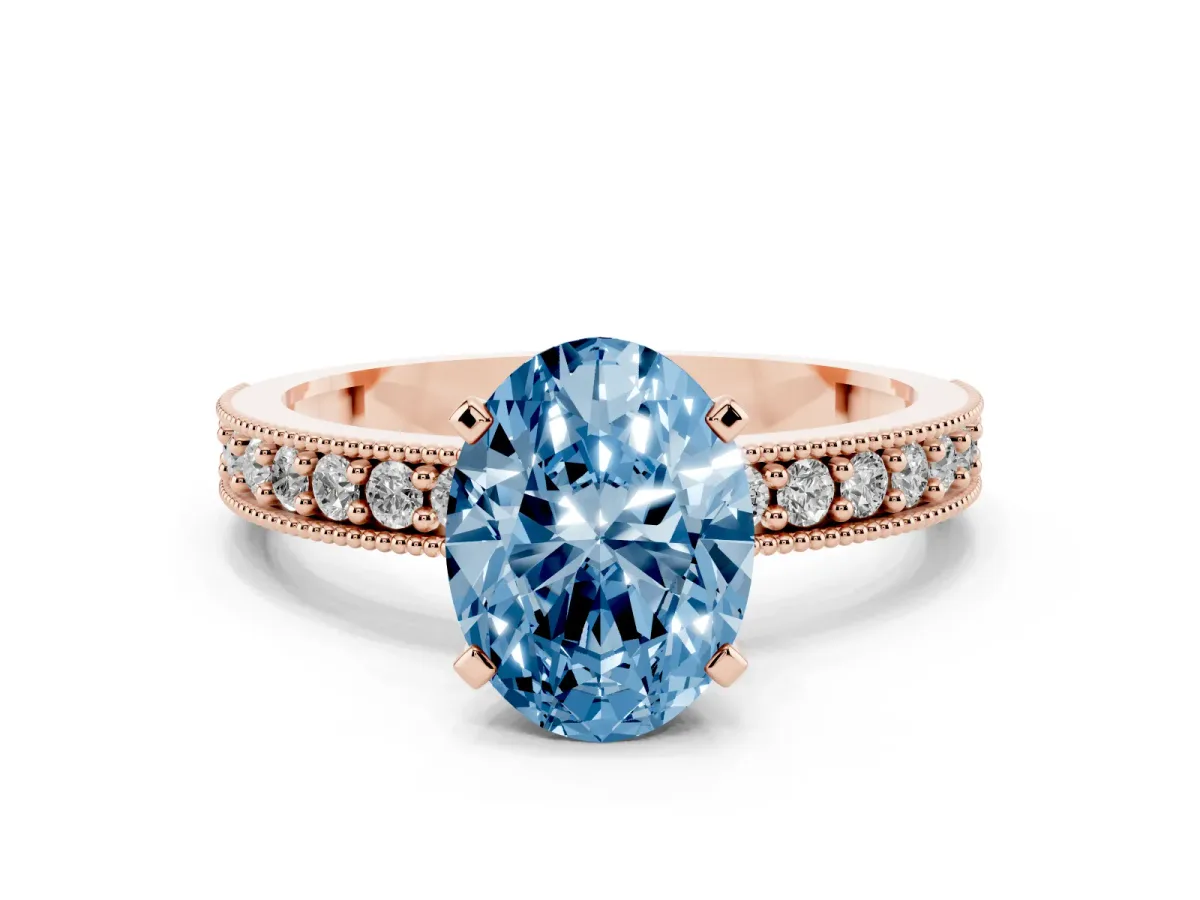 Fancy Blue Oval Cut Diamond Milgrain Pavé Engagement Ring with Four-Prong Setting Rose gold
