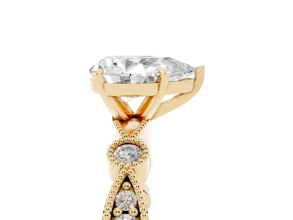 Pear Cut Milgrain Bezel Diamond Engagement Ring with Solitaire Prong Setting Yellow gold
