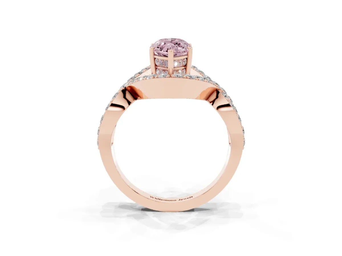 Fancy Pink Marquise Cut Solitaire Twist Band Pavé Diamond Engagement Ring Rose gold