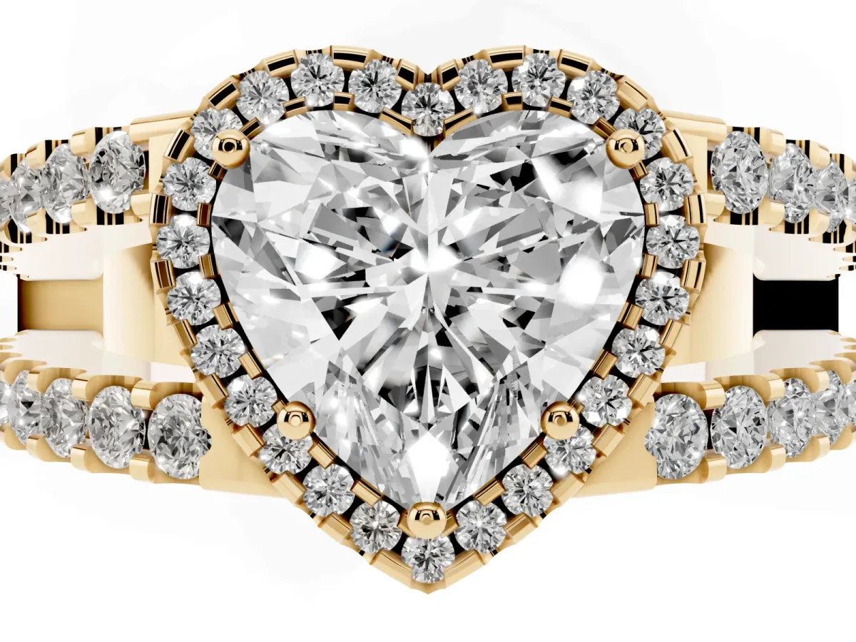 Heart Cut Cut Halo Split Shank Diamond Ring with Four-Prong Setting Yellow gold