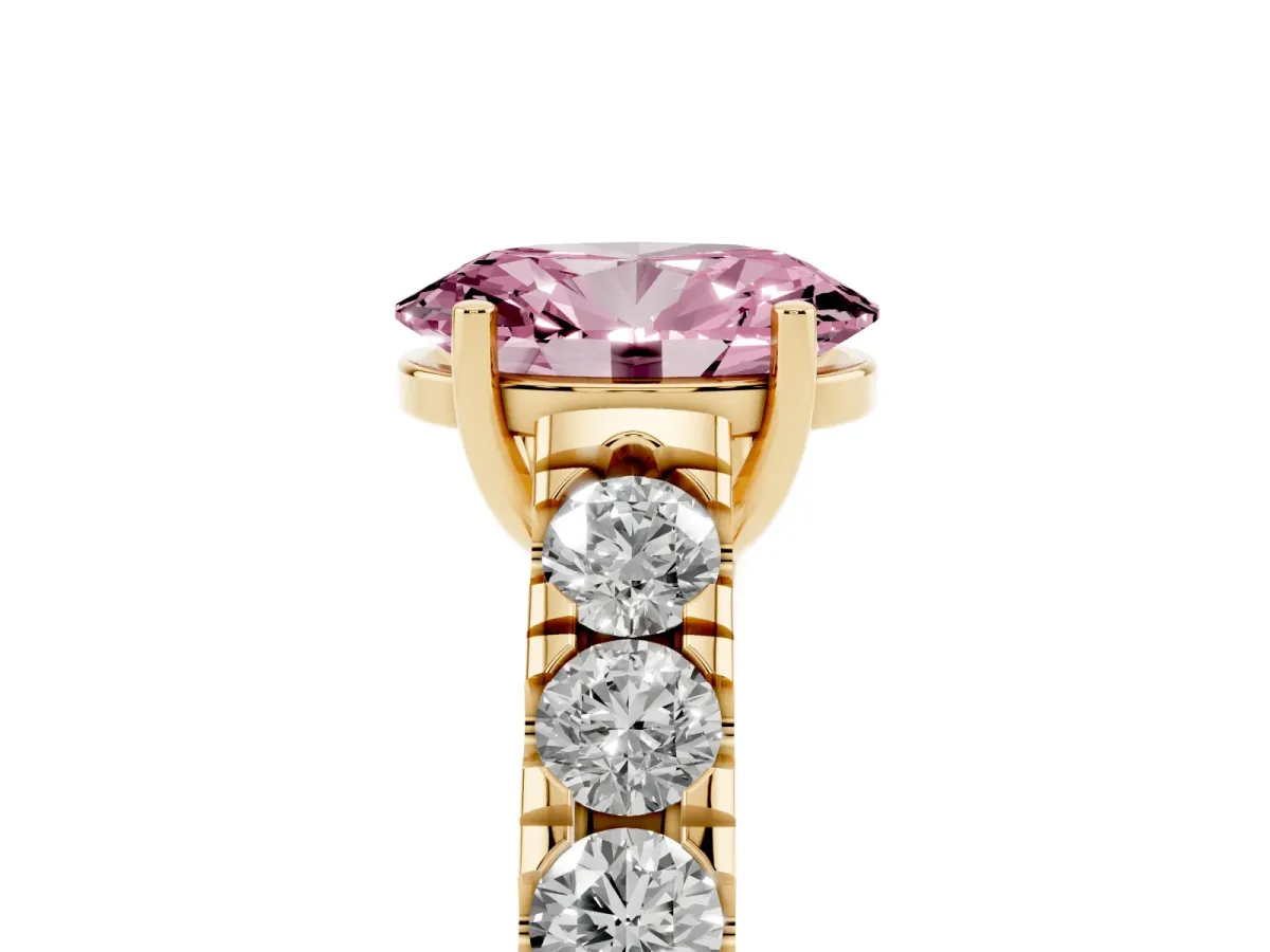 Fancy Pink Oval Cut Cut Diamond Solitaire Ring with Micro Pave Band and Prong Setting Yellow gold