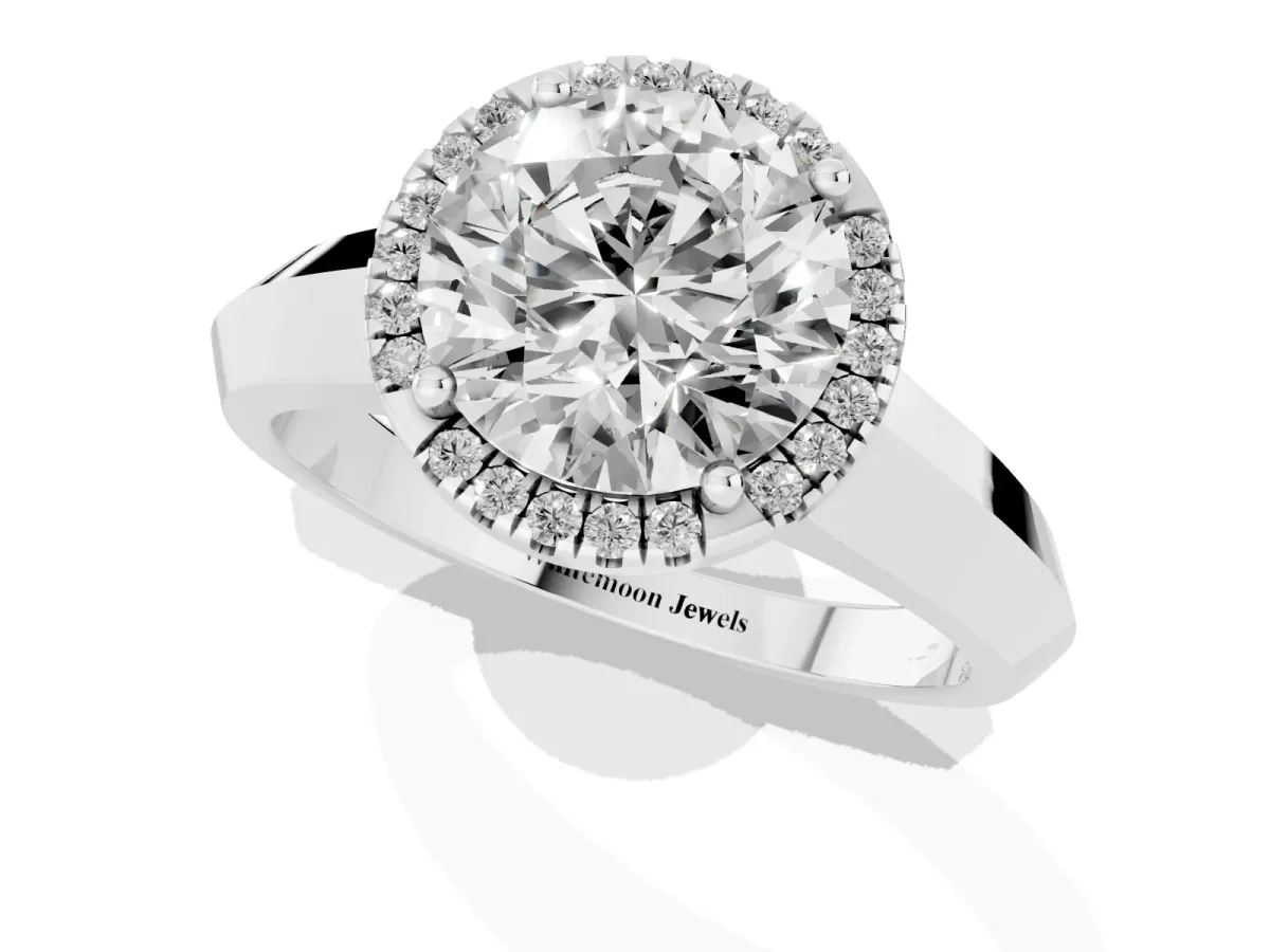 Round Cut Halo Diamond Ring with Cathedral Band and Four-Prong Setting White gold