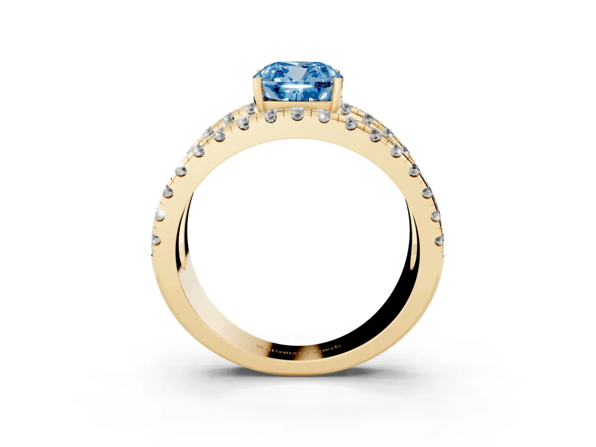 Fancy Blue Cushion Cut Solitaire Split Shank Pave Diamond Ring Yellow gold