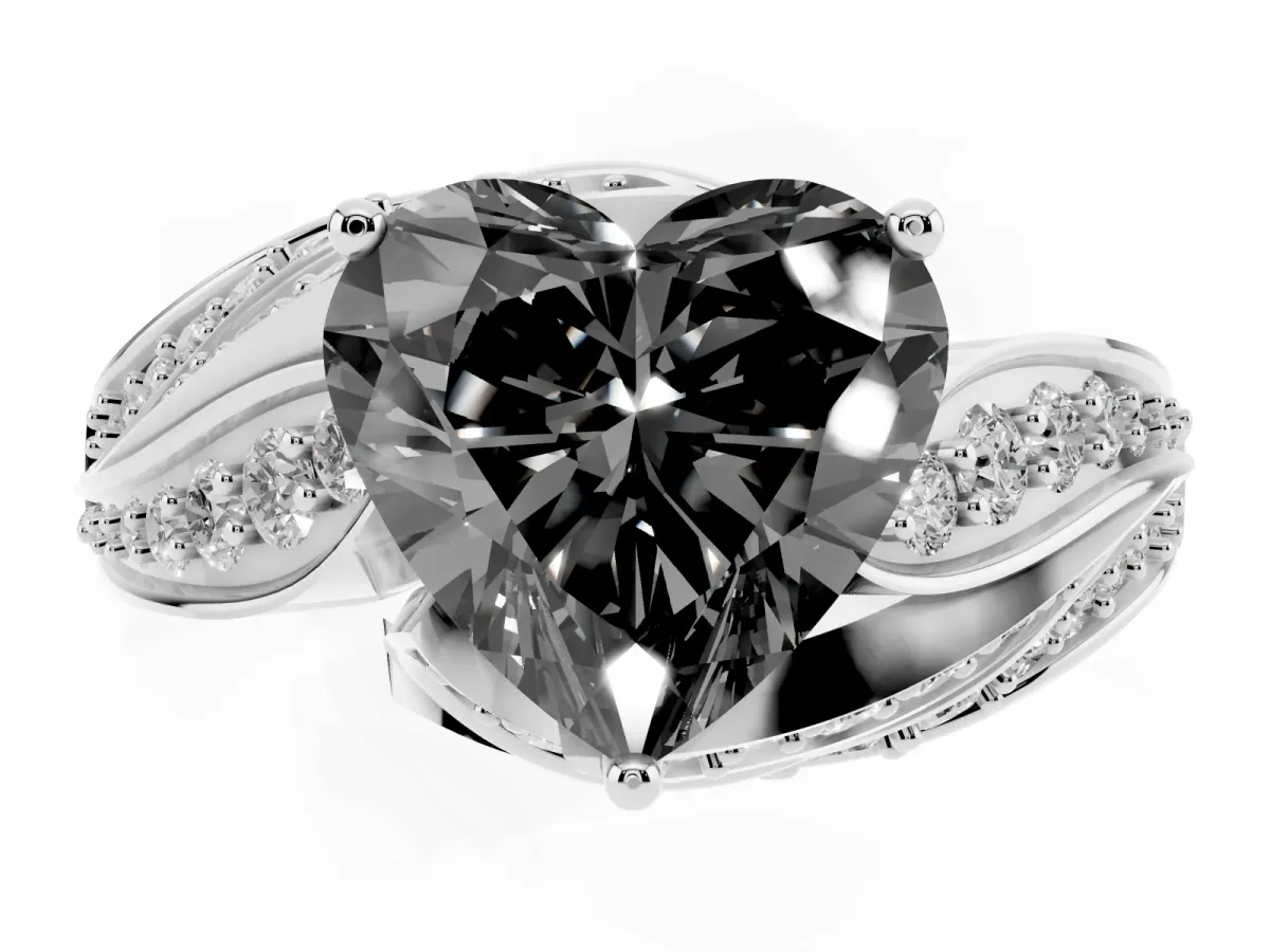 Fancy Black Heart Cut Diamond Solitaire Ring with Prong Setting and Twisted Pavé Band Silver