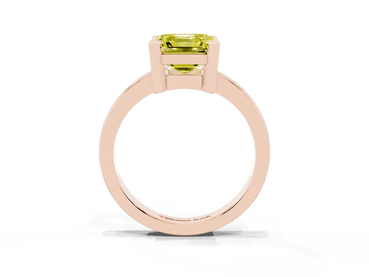 Fancy Yellow Asscher Cut Cut Solitaire Ring with Four-Prong Setting and Classic Band Rose gold