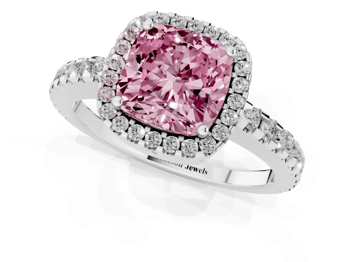 Fancy Pink Cushion Cut Diamond Halo Engagement Ring with Pavé Band and Prong Setting Silver