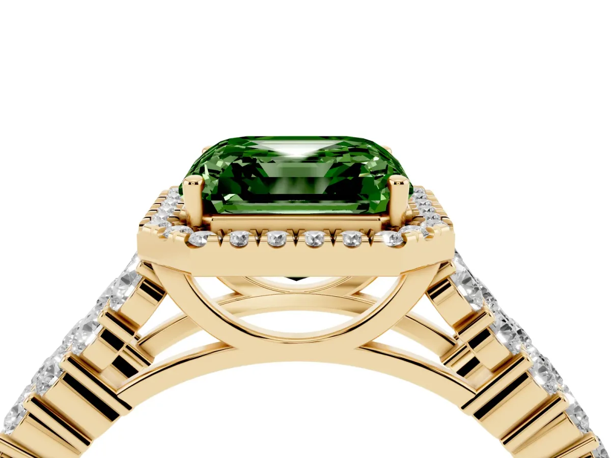 Fancy Green Asscher Cut Diamond Halo Engagement Ring with Triple Row Round Pavé Band and Prong Setting Yellow gold