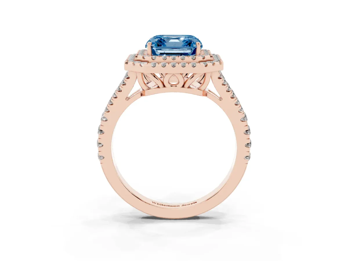 Fancy Blue Asscher Cut Diamond Double Halo Ring with Pavé Band and Prong Setting Rose gold