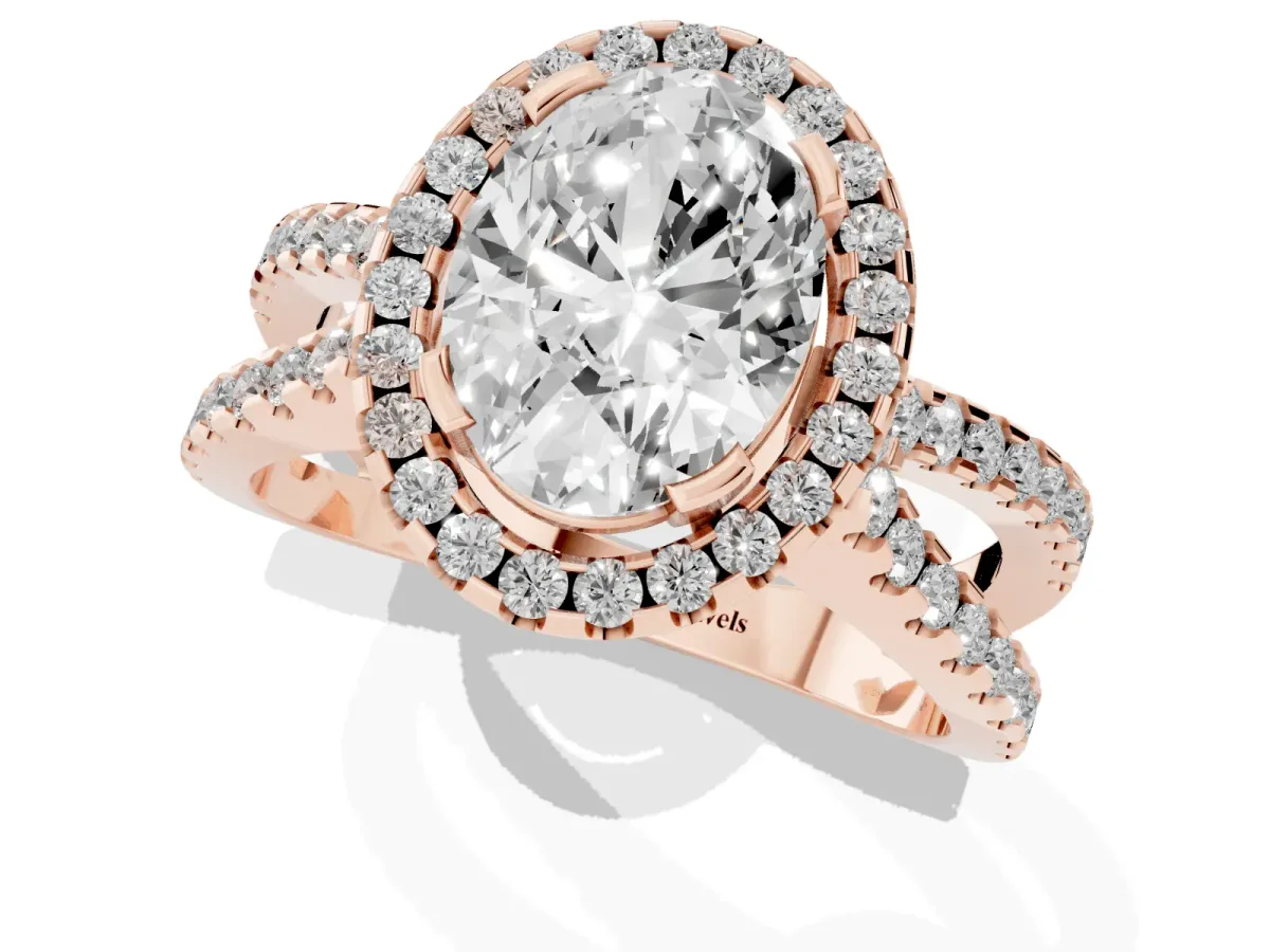 Oval Cut Diamond Halo Ring with Split Shank Pavé Band and Prong Setting Rose gold
