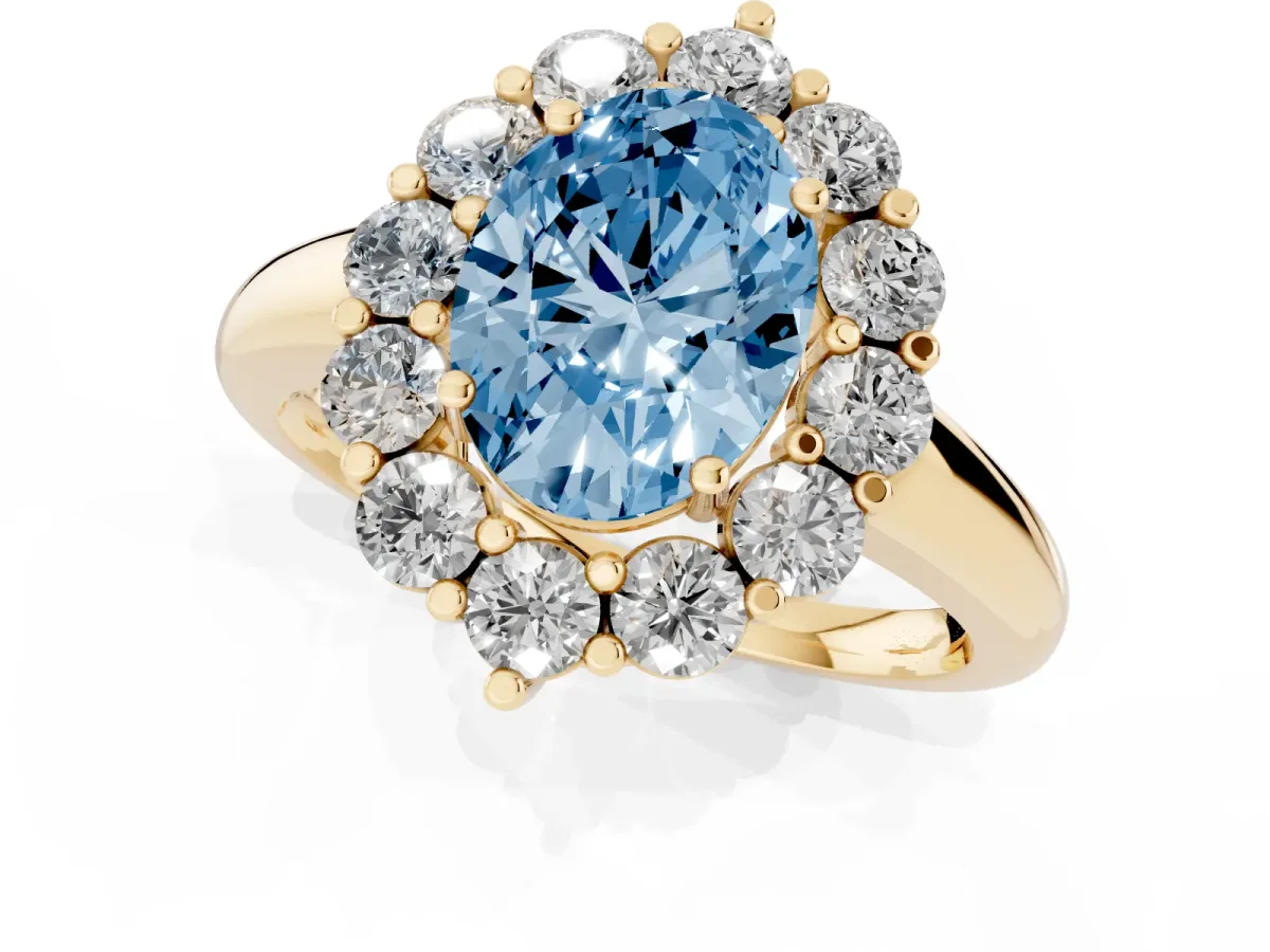 Fancy Blue Oval Cut Halo Cluster Diamond Engagement Ring with Prong Setting and Polished Band Yellow gold