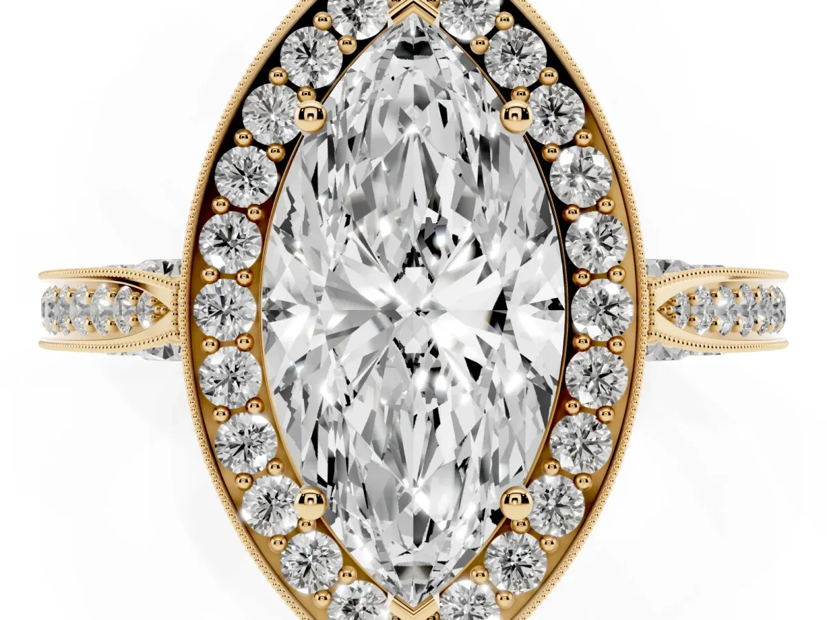 Marquise Cut Halo Diamond Engagement Ring with Split Shank Band and Four-Prong Setting Yellow gold