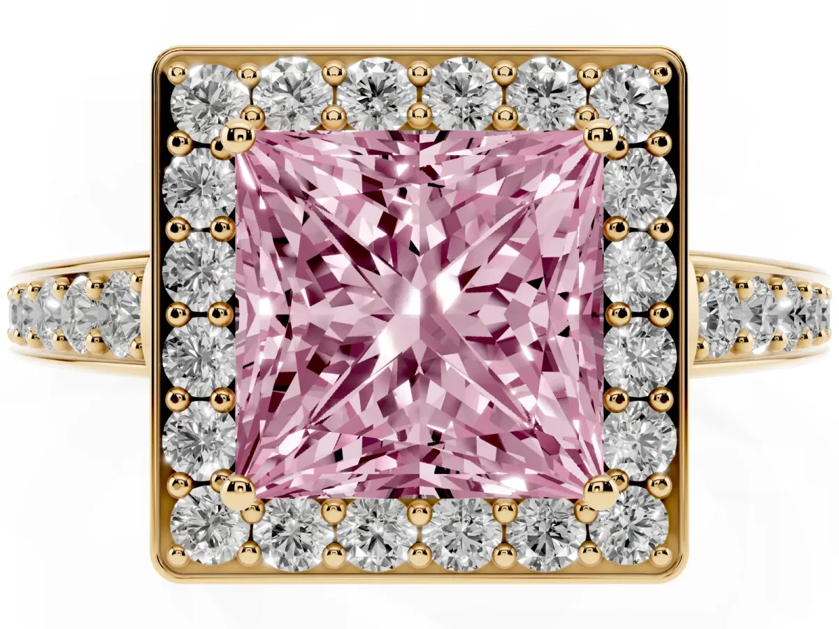 Fancy Pink Princess Cut Halo Pavé Diamond Engagement Ring with Bezel Setting Yellow gold