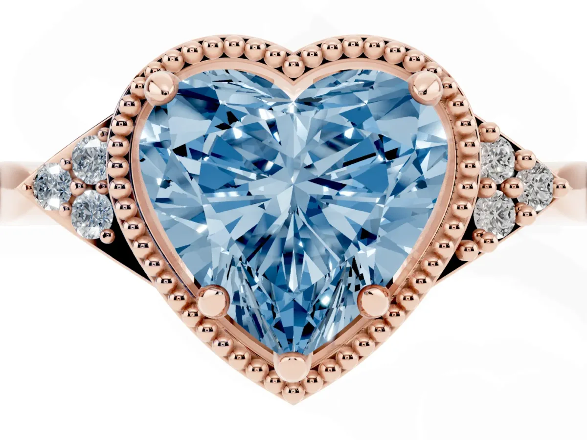 Fancy Blue Milgrain Heart Cut Cut Diamond Ring with Tapered Pave Band and Four Prong Setting Rose gold