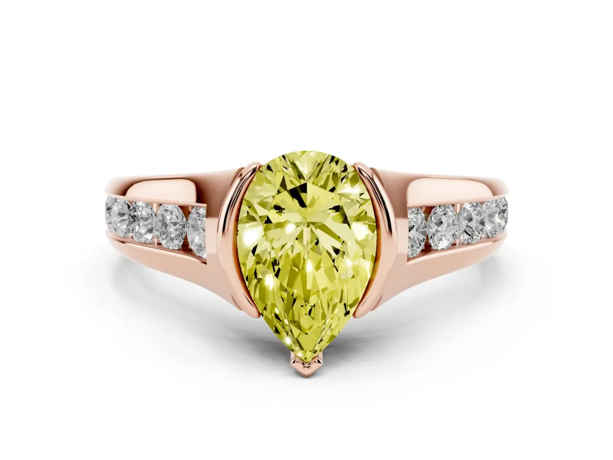 Fancy Yellow Pear Cut Solitaire Bezel-Set Diamond Ring with Channel-Set Band Rose gold