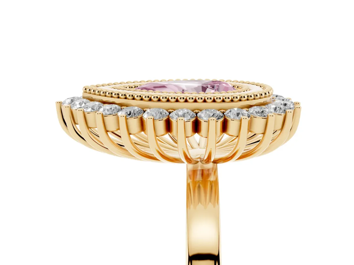 Fancy Pink Pear Cut Halo Diamond Ring with Milgrain Edge and Round Prong Setting Yellow gold