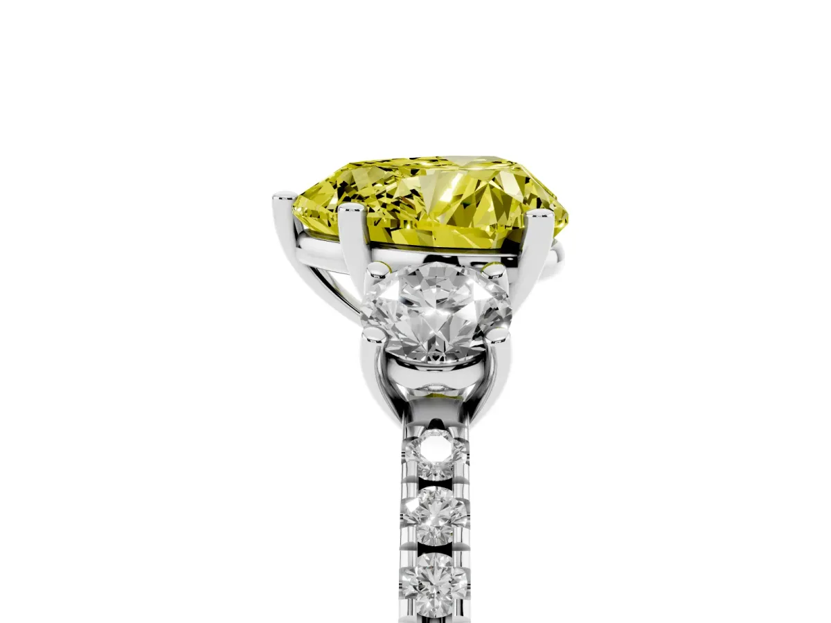 Fancy Yellow Three-Stone Heart Cut Cut Diamond Pavé Band with Prong Setting Silver