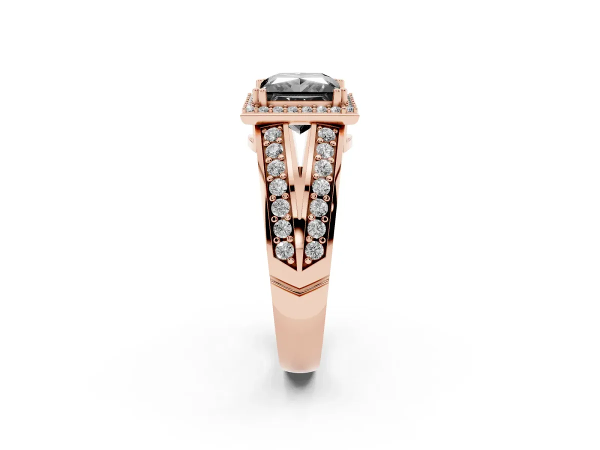 Fancy Black Princess Cut Diamond Halo Ring with Split Shank Pavé Band and Four-Prong Setting Rose gold