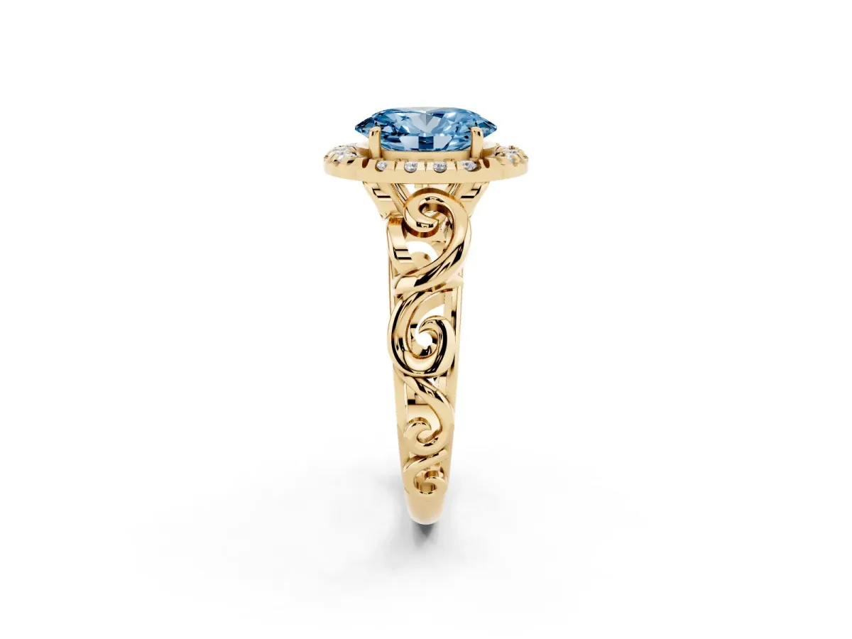Fancy Blue Oval Cut Cut Halo Diamond Ring with Scrollwork Band and Four-Prong Setting Yellow gold