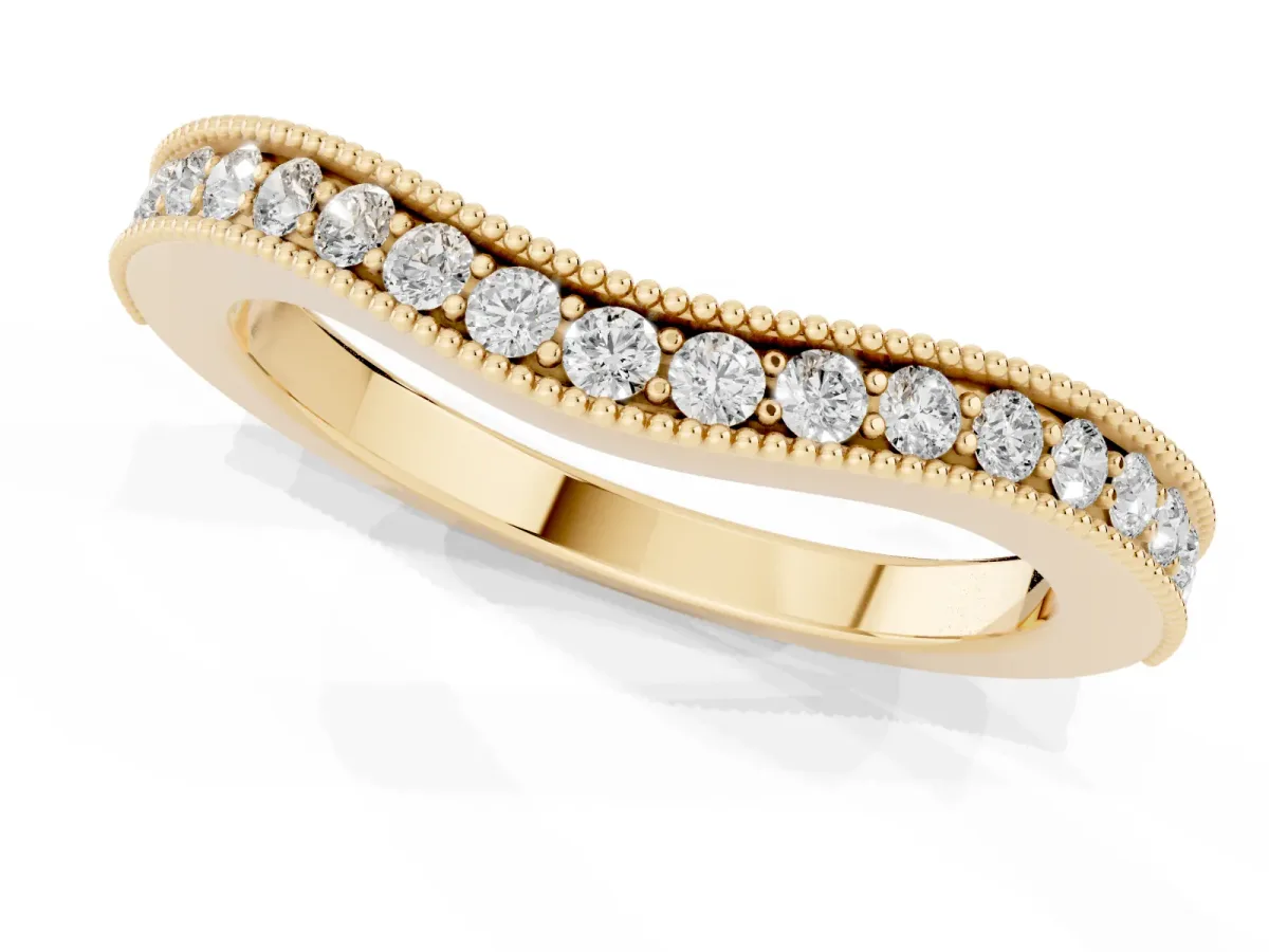 Round Brilliant Milgrain Bezel Set Diamond Wave Band Yellow gold