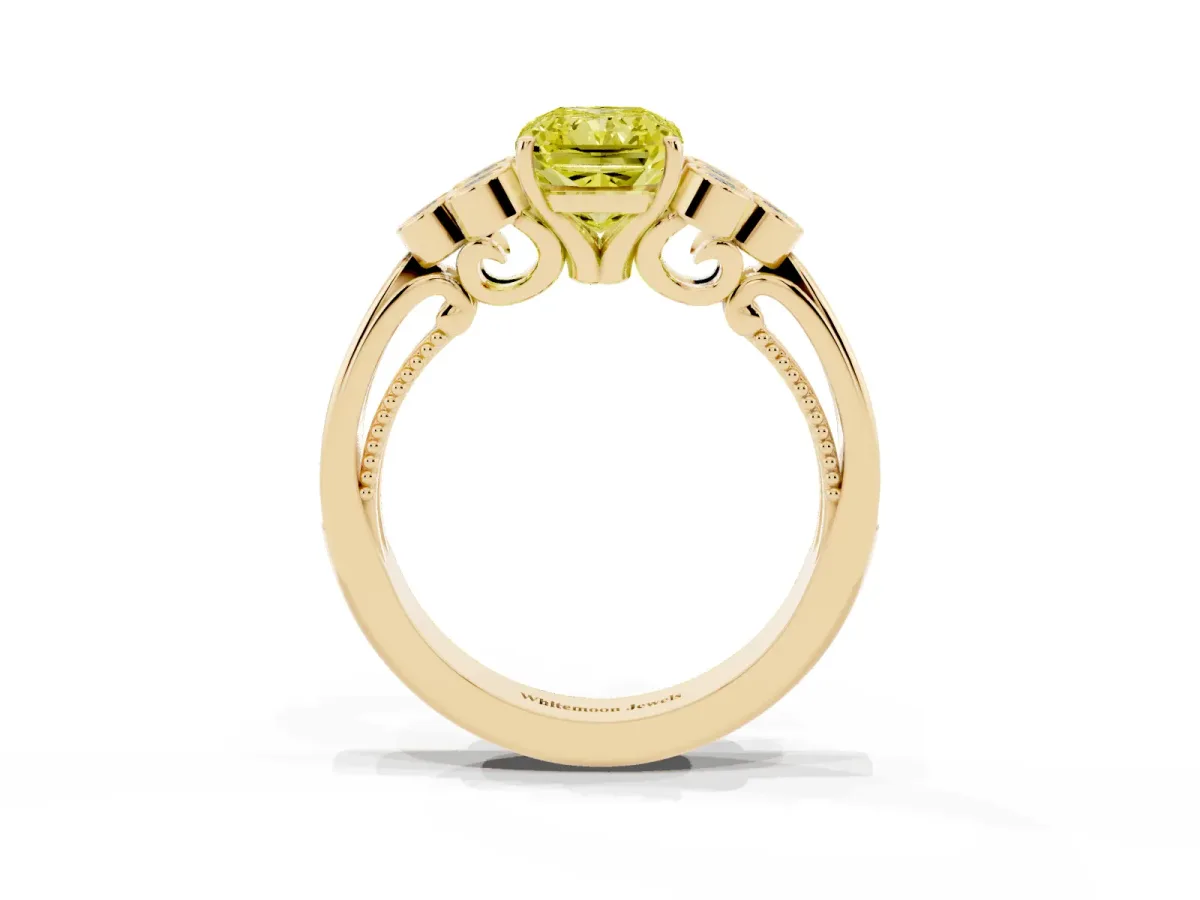 Fancy Yellow Radiant Cut Cut Diamond Engagement Ring with Bezel Set Round Side Stones and Prong Setting Yellow gold