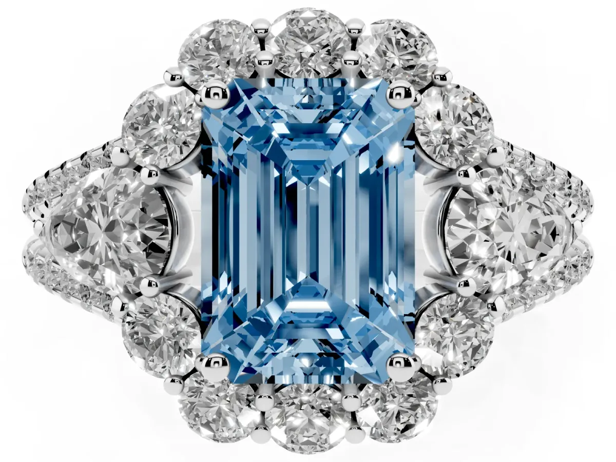 Fancy Blue Emerald Cut Halo Split Shank Diamond Engagement Ring with Prong Setting Silver
