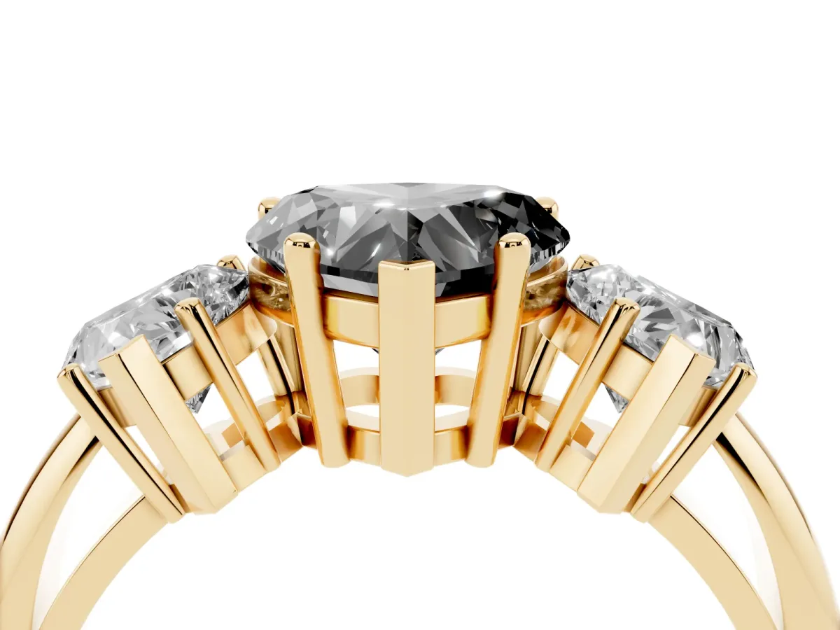 Fancy Black Three-Stone Heart Cut Cut Diamond Engagement Ring with Prong Setting on a White Gold Band Yellow gold