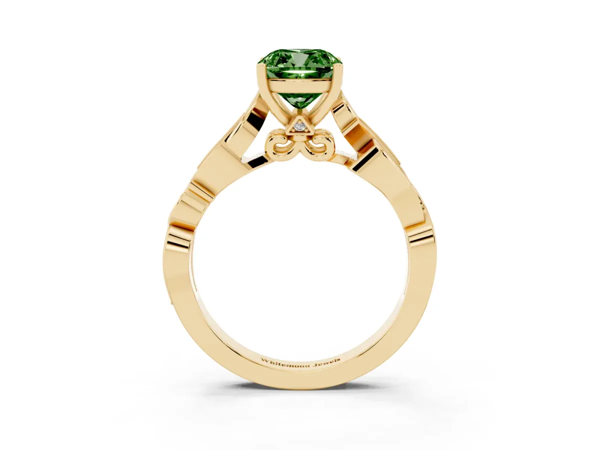 Fancy Green Cushion Cut Solitaire Vine Band with Milgrain Prong Setting Yellow gold