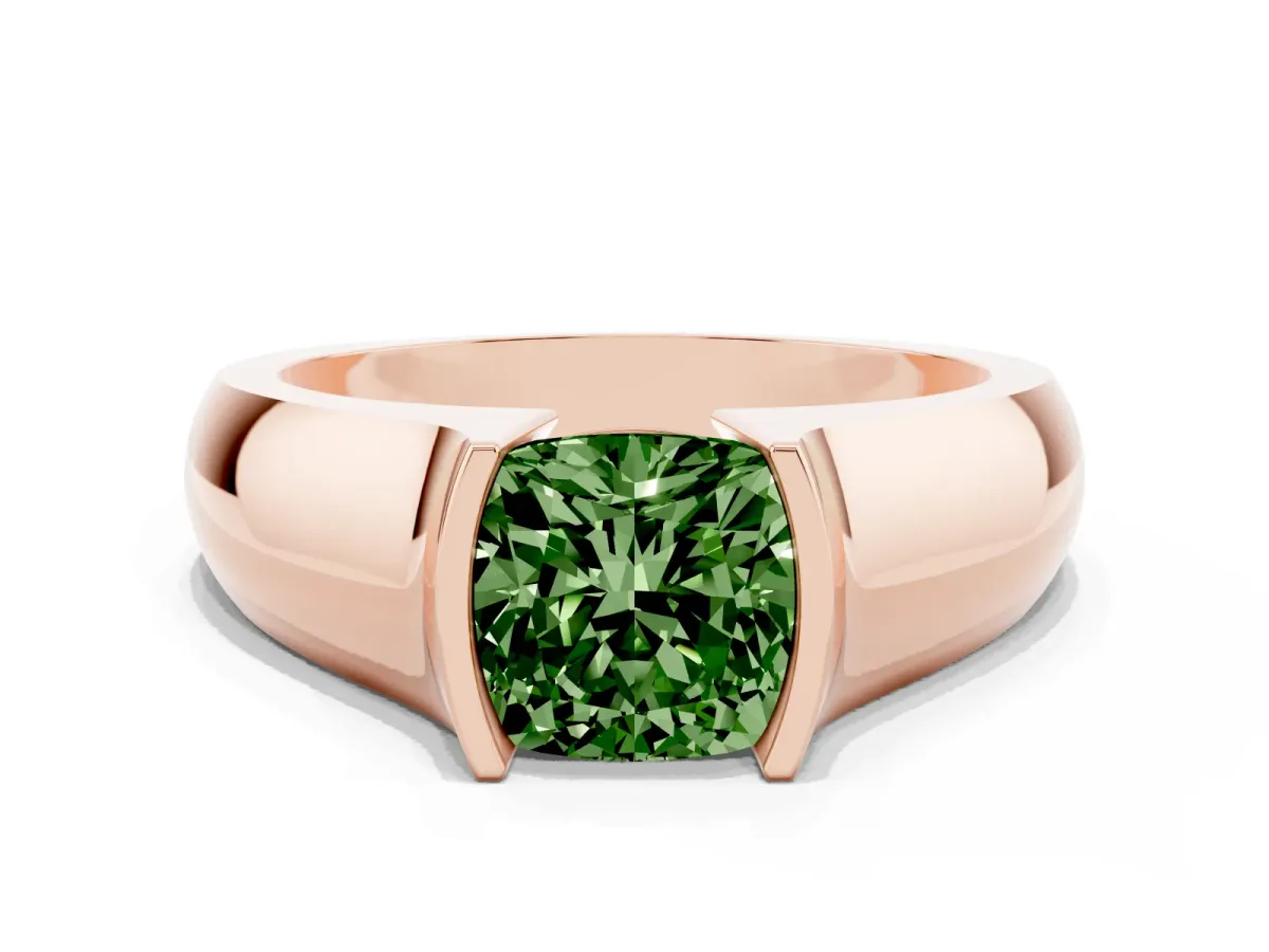 Fancy Green Cushion Cut Solitaire Bezel Set Diamond Ring with Wide Band Rose gold