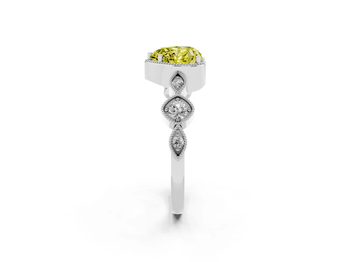 Fancy Yellow Heart Cut Diamond Vintage Milgrain Ring with Round Stations Silver