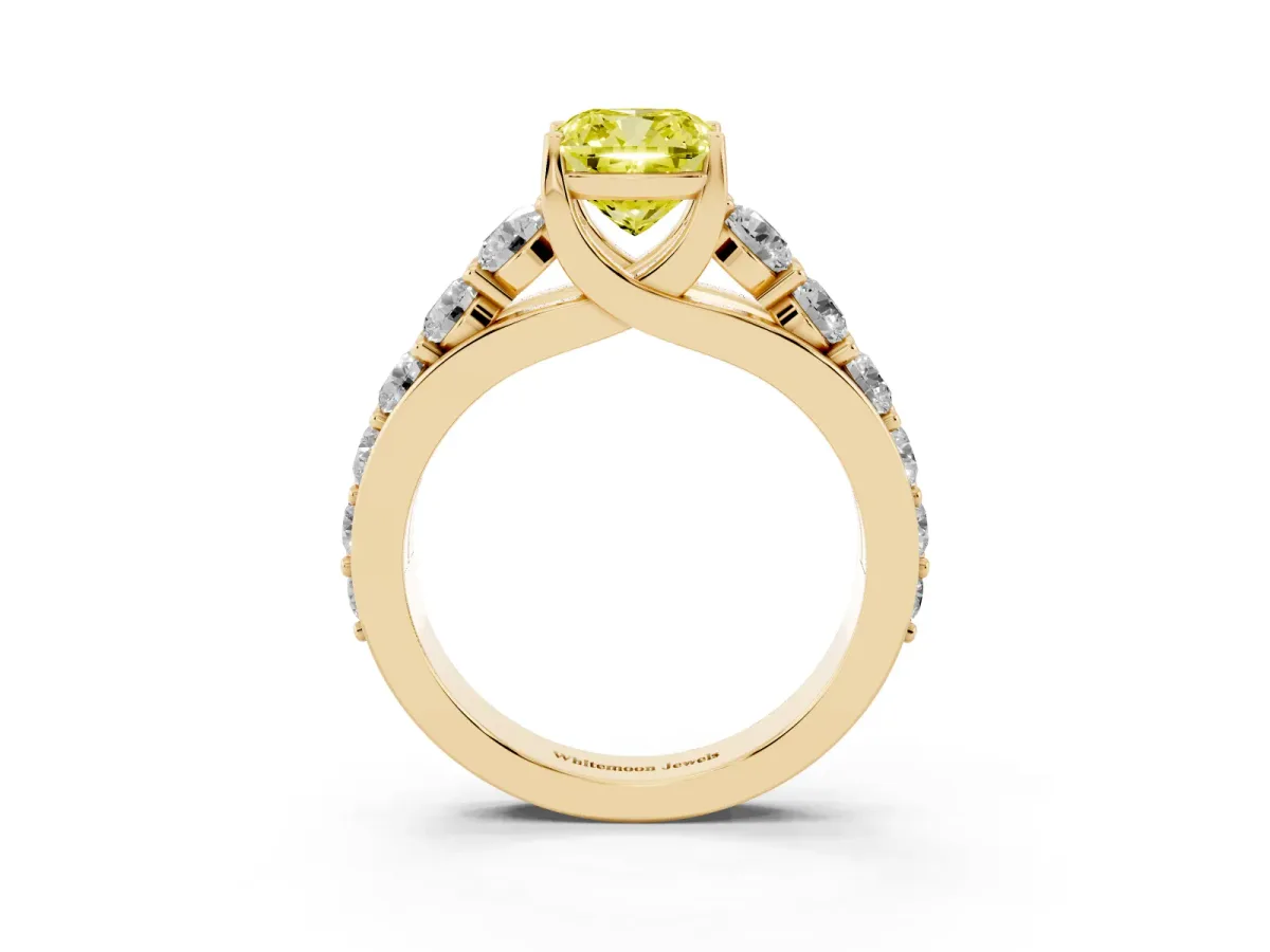 Fancy Yellow Cushion Cut Diamond Engagement Ring with Pavé Band and Four-Prong Setting Yellow gold