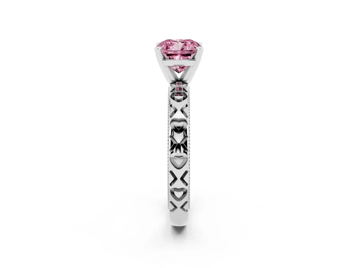 Fancy Pink Cushion Cut Solitaire Diamond Engagement Ring with XO Engraved Band and Four-Prong Setting Platinum