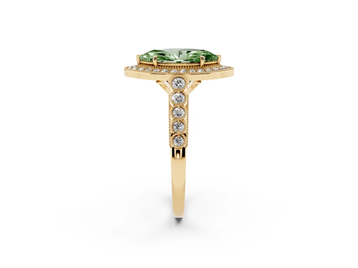 Fancy Green Marquise Cut Halo Milgrain Solitaire with Bezel Set Side Stones and Pave Band Yellow gold