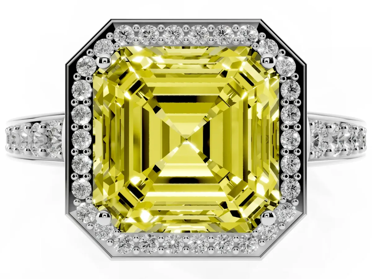 Fancy Yellow Asscher Cut Halo Pavé Diamond Engagement Ring with Bezel Setting Silver