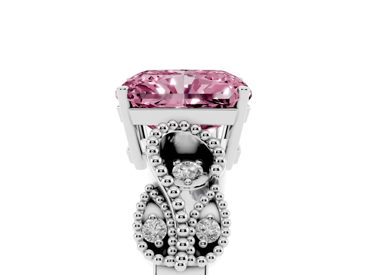 Fancy Pink Princess Cut Solitaire Milgrain Leaf Band with Prong Setting Silver
