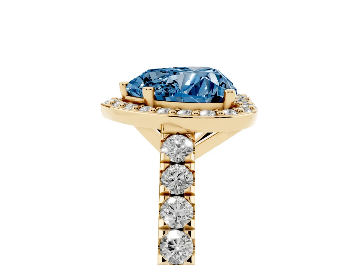 Fancy Blue Heart Cut Cut Halo Diamond Engagement Ring with Pave Band and Four-Prong Setting Yellow gold