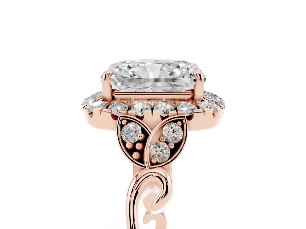 Radiant Cut Halo Diamond Engagement Ring with Vintage-Inspired Band and Four-Prong Setting Rose gold