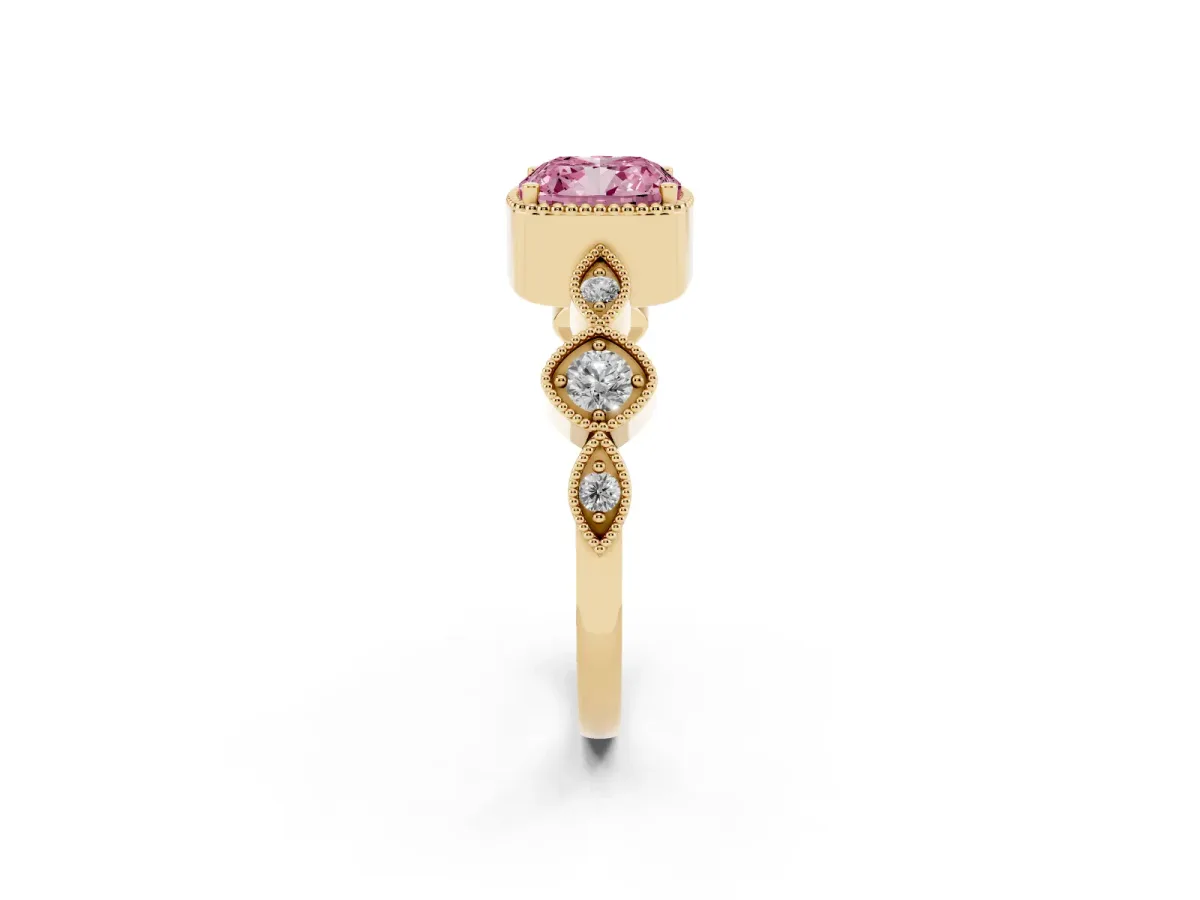 Fancy Pink Cushion Cut Diamond Vintage Milgrain Ring with Round Stations Yellow gold