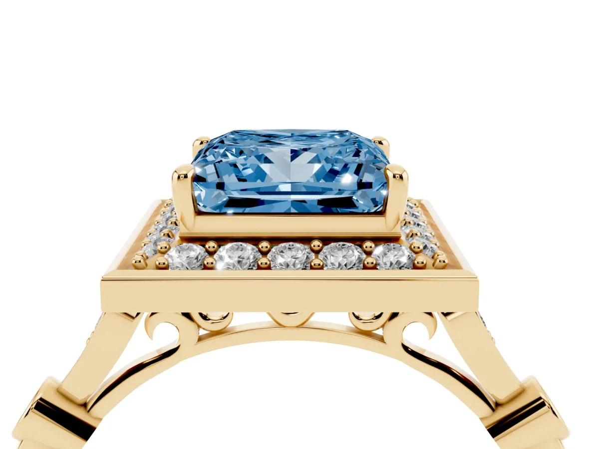 Fancy Blue Princess Cut Halo Diamond Engagement Ring with Twisted Band and Four-Prong Setting Yellow gold