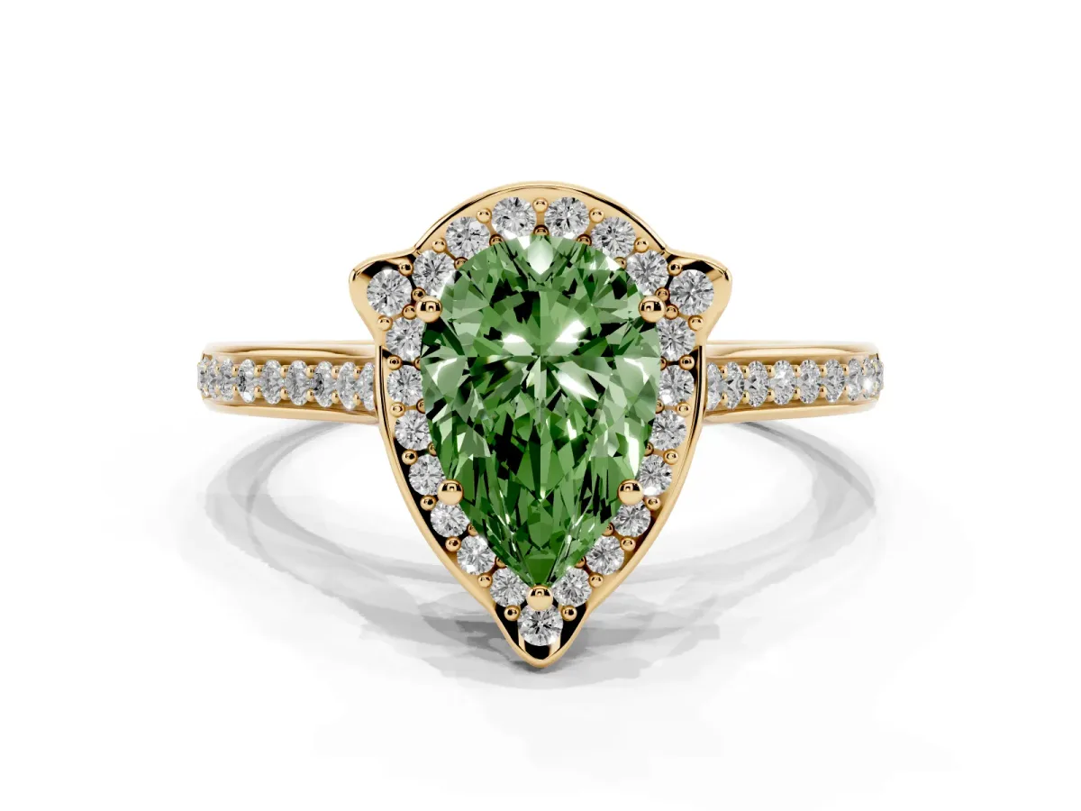 Fancy Green Pear Cut Halo Round Diamond Pave Band with Four-Prong Setting Yellow gold