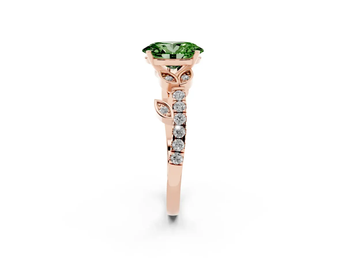 Fancy Green Oval Cut Solitaire Leaf-Inspired Diamond Ring with Pavé Band and Four-Prong Setting Rose gold