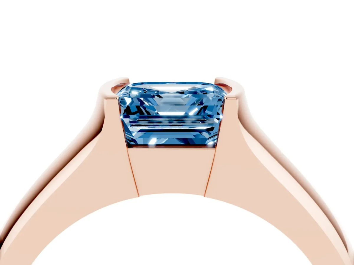 Fancy Blue Asscher Cut Solitaire Bezel Set Diamond Ring with Wide Band Rose gold