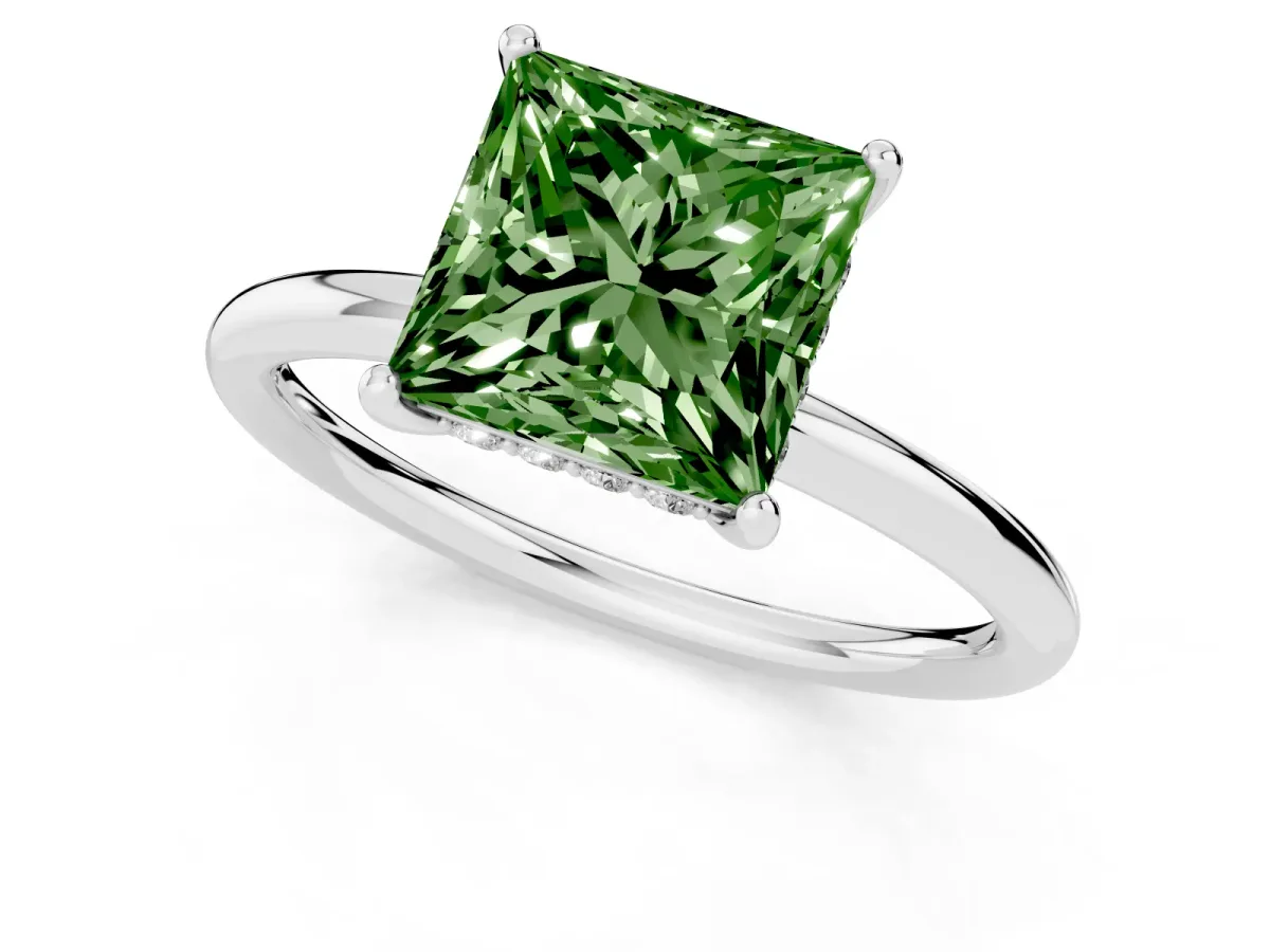 Fancy Green Princess Cut Solitaire Diamond Ring with a Classic Band and Four-Prong Setting Silver
