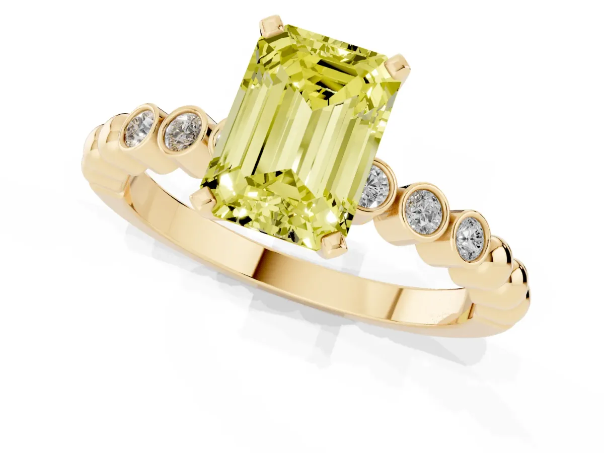 Fancy Yellow Emerald Cut Solitaire Bezel Accent Diamond Engagement Ring with Beaded Band and Four-Prong Setting Yellow gold