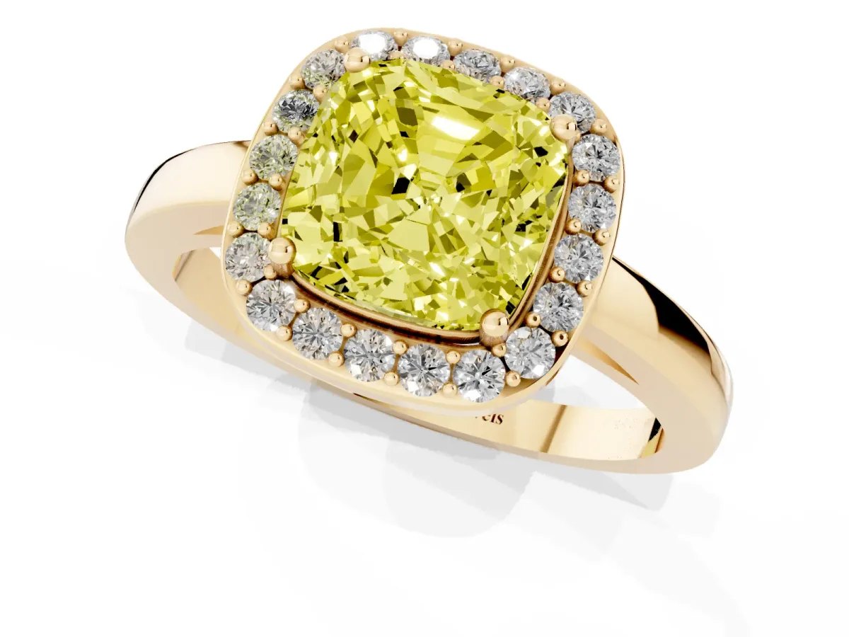 Fancy Yellow Cushion Cut Halo Diamond Ring with Solitaire Band and Prong Setting Yellow gold